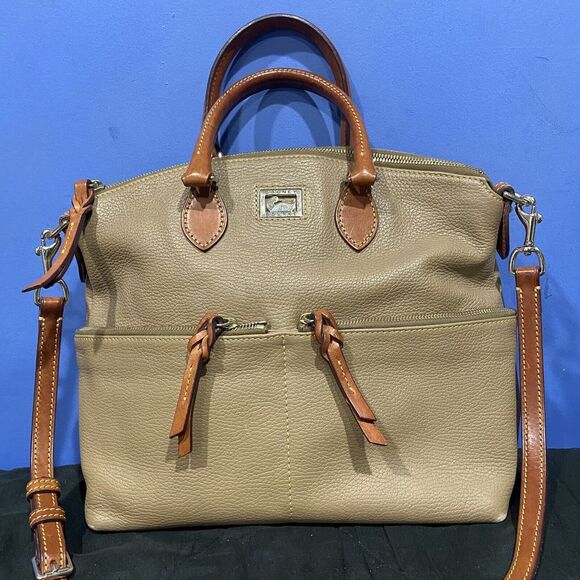 Dooney & Bourke Pebbled Leather DILLEN Double Pocket Satchel Handbag Beige - Picture 2 of 7